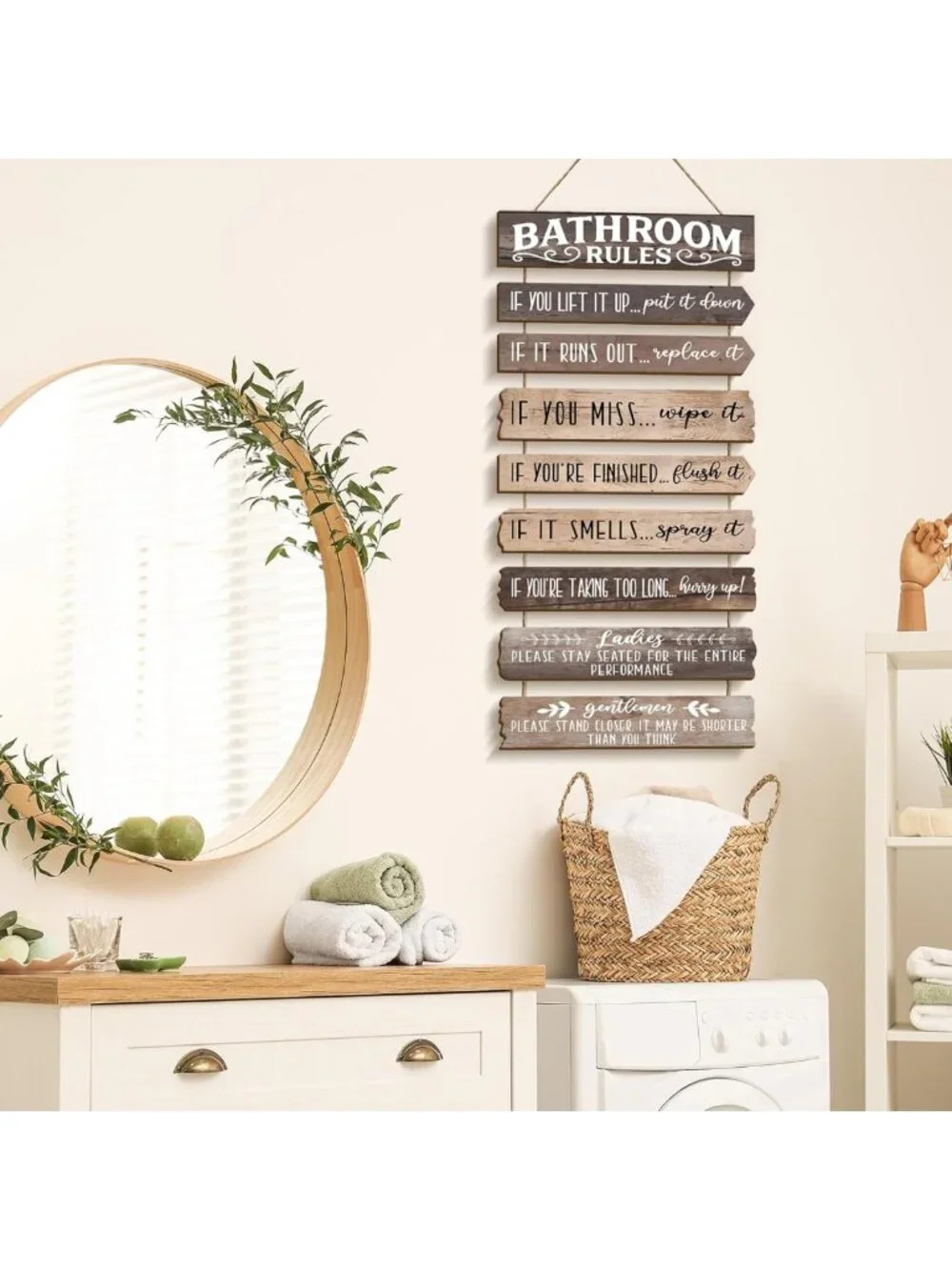 Rustic Funny Bathroom Wall Art - Rules & Signs for Farmhouse Decor, Wooden Decor